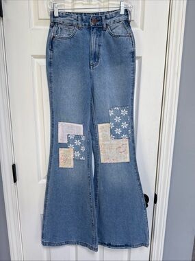 BILLABONG x WRANGLER Jeans Women Blue High Rise Super Flare Patched NWT sz 24